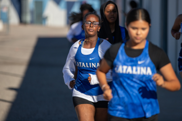 A group of teen girls wearing blue Catalina running singlets run the cross country course